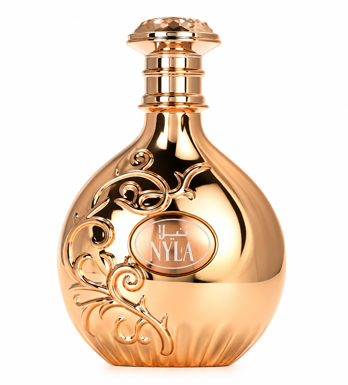 Arabiyat Prestige Nyla 80ml EDP, featuring an ornate rounded bottle in a luminous rose-gold finish with elegant embossed detailing, a decorative oval nameplate and jewel-inspired cap, presented against a pristine white background.