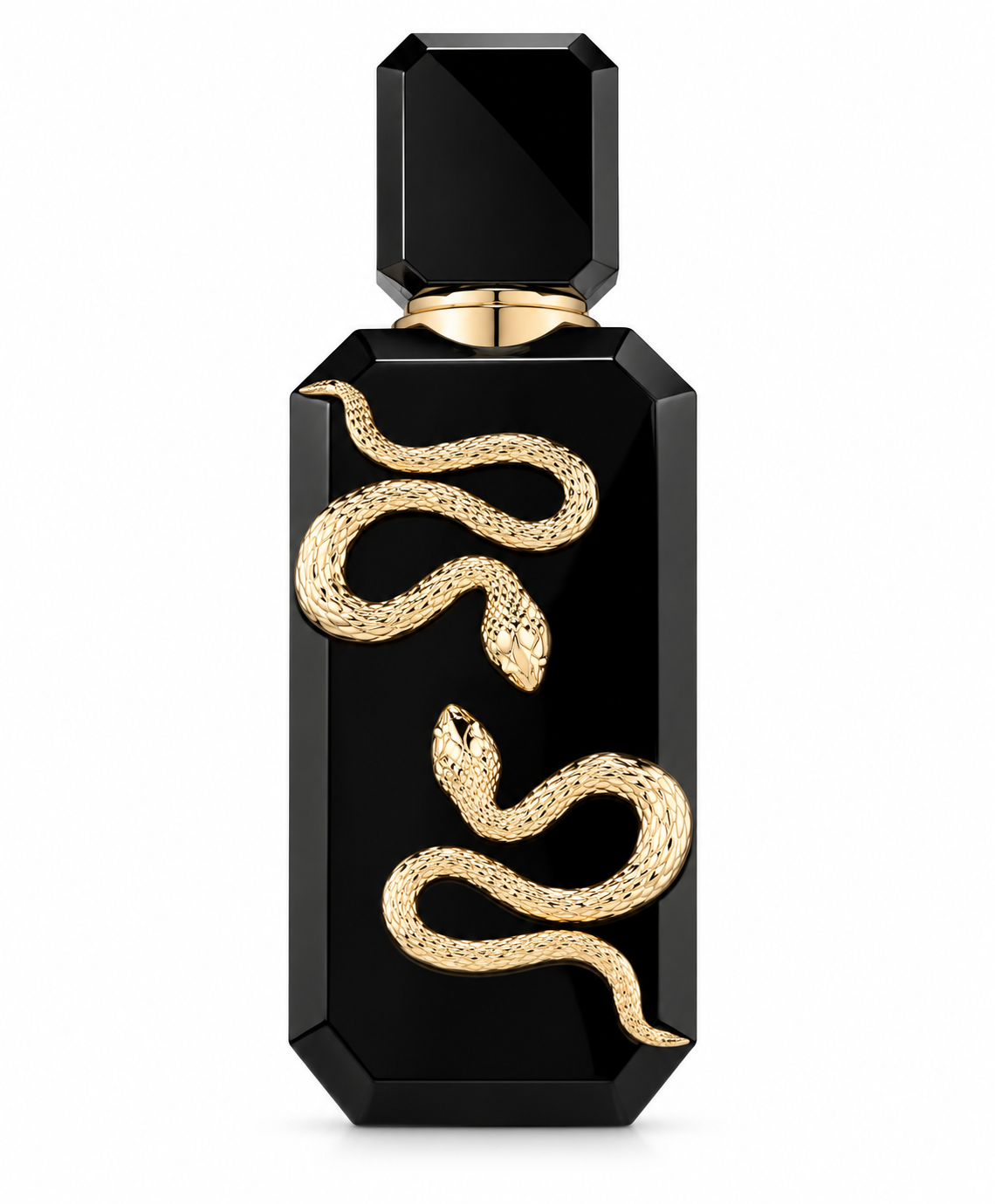Luxury black perfume bottle with faceted edges, glossy finish and sculpted gold snake ornaments, completed with a geometric black cap and gold collar on a clean white background.