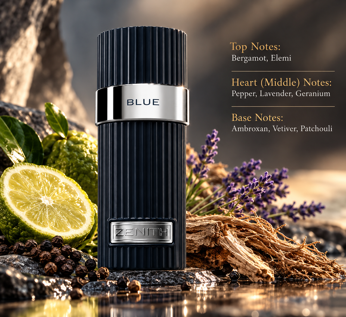 Zenith Blue perfume presented with bergamot, black pepper, lavender and vetiver-inspired elements, reflecting its fresh citrus, aromatic, spicy and woody scent profile with Ambroxan and patchouli.