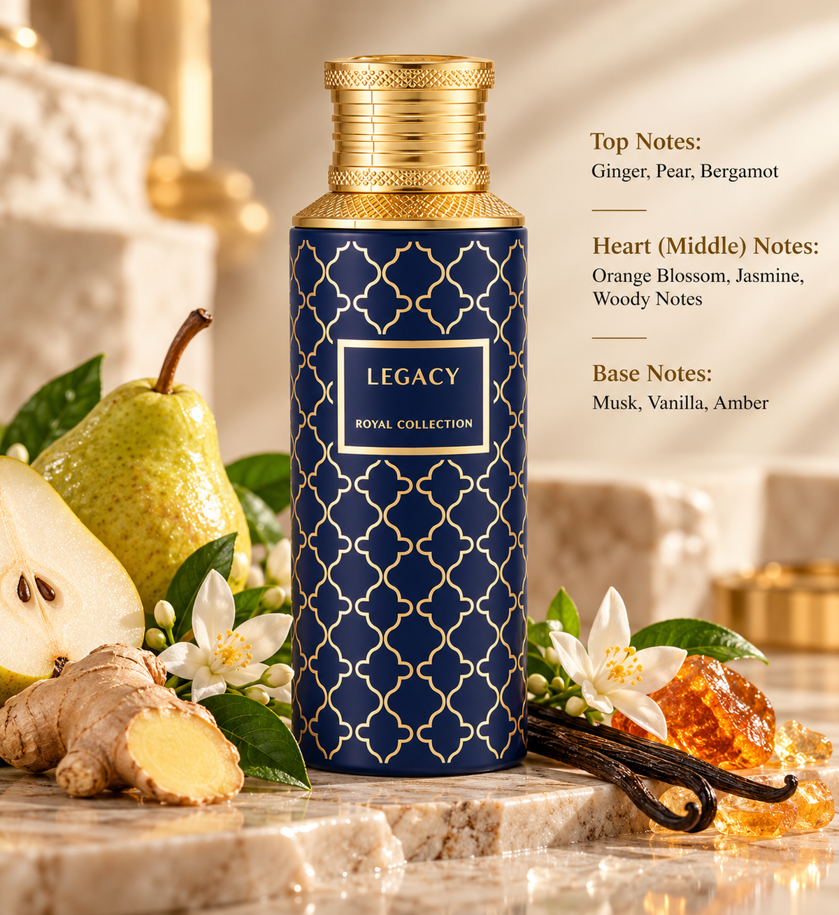 Maison Asrar Legacy Royal Collection 100ml Eau de Parfum displayed on elegant beige marble with fresh pears, ginger, delicate white flowers, vanilla pods and amber crystals. A luxurious fruity floral fragrance featuring bergamot, orange blossom, jasmine, musk, vanilla and amber in a warm, refined setting.