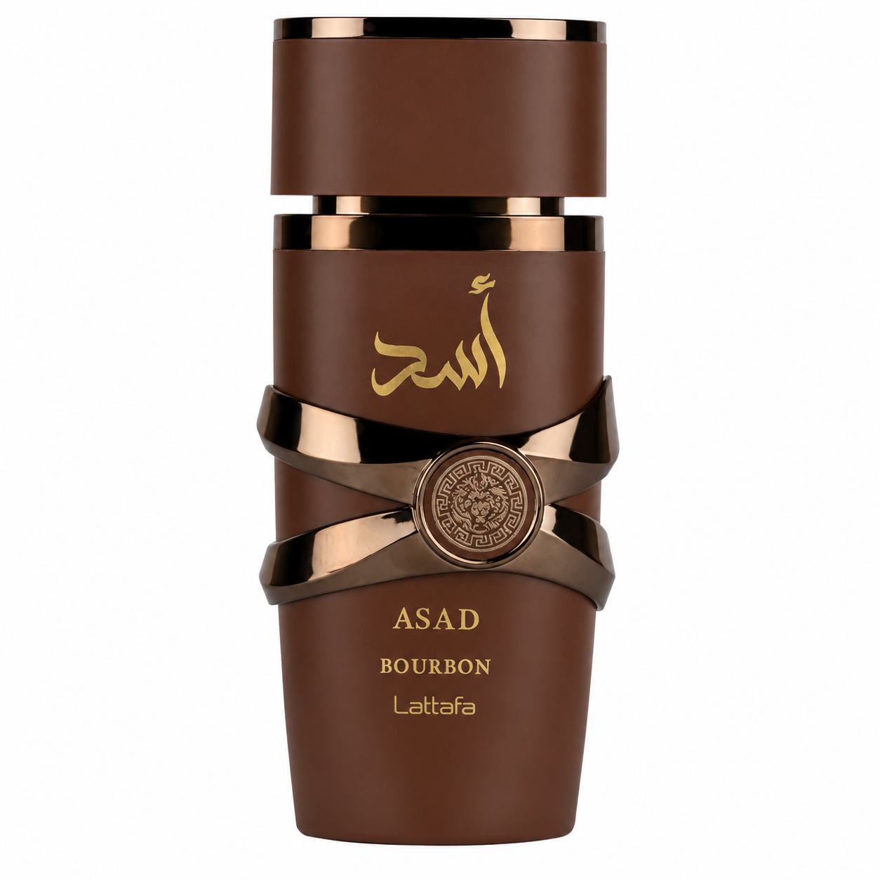 Lattafa Asad Bourbon Eau de Parfum in an elegant matte brown bottle with luxurious bronze accents, signature crossed metallic bands, and a lion emblem, presented on a clean white background. Premium masculine fragrance showcased in a high-resolution studio product image.