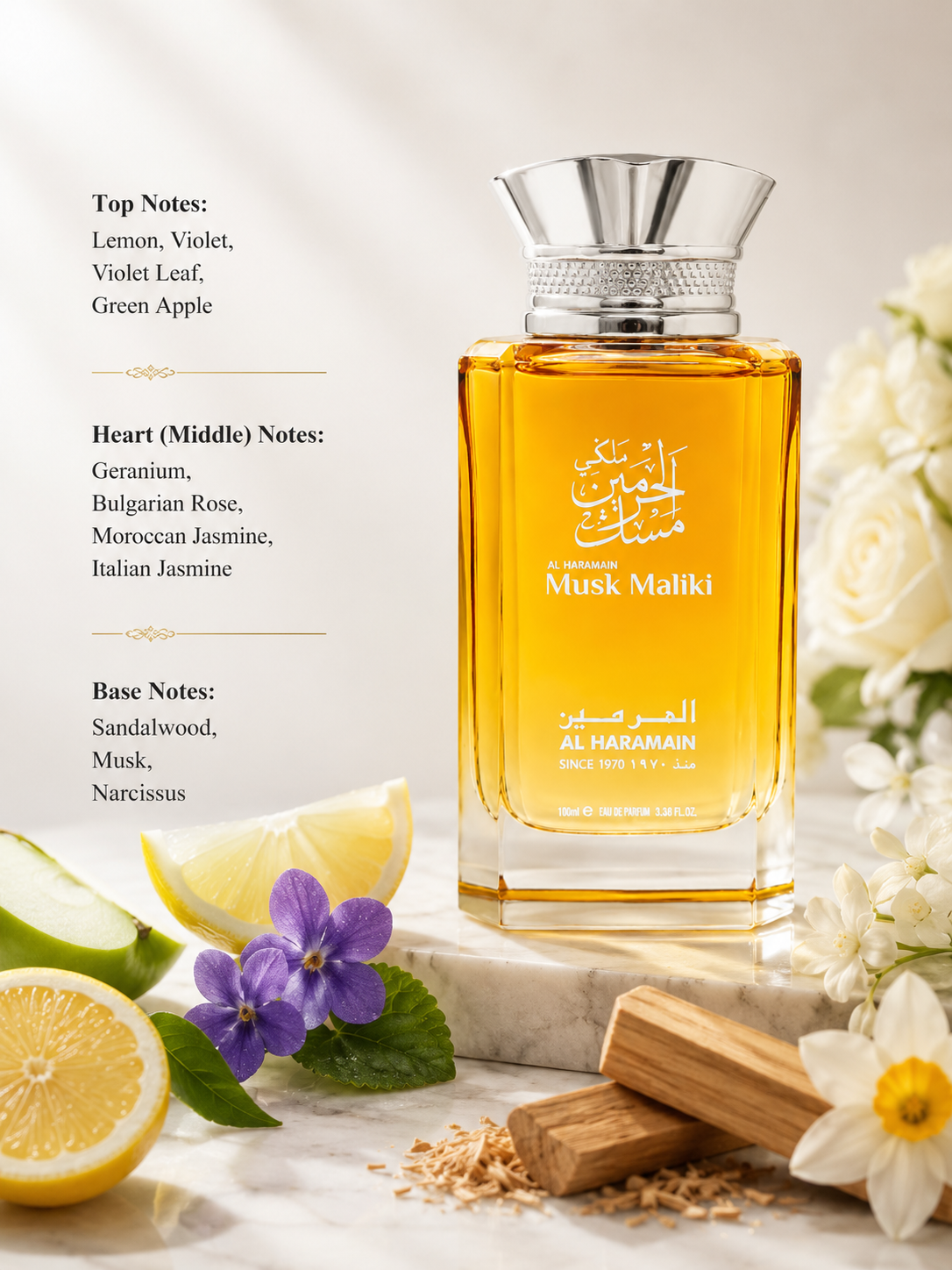 Al Haramain Musk Maliki featuring lemon, jasmine, Bulgarian rose and sandalwood for a fresh floral musk scent.
