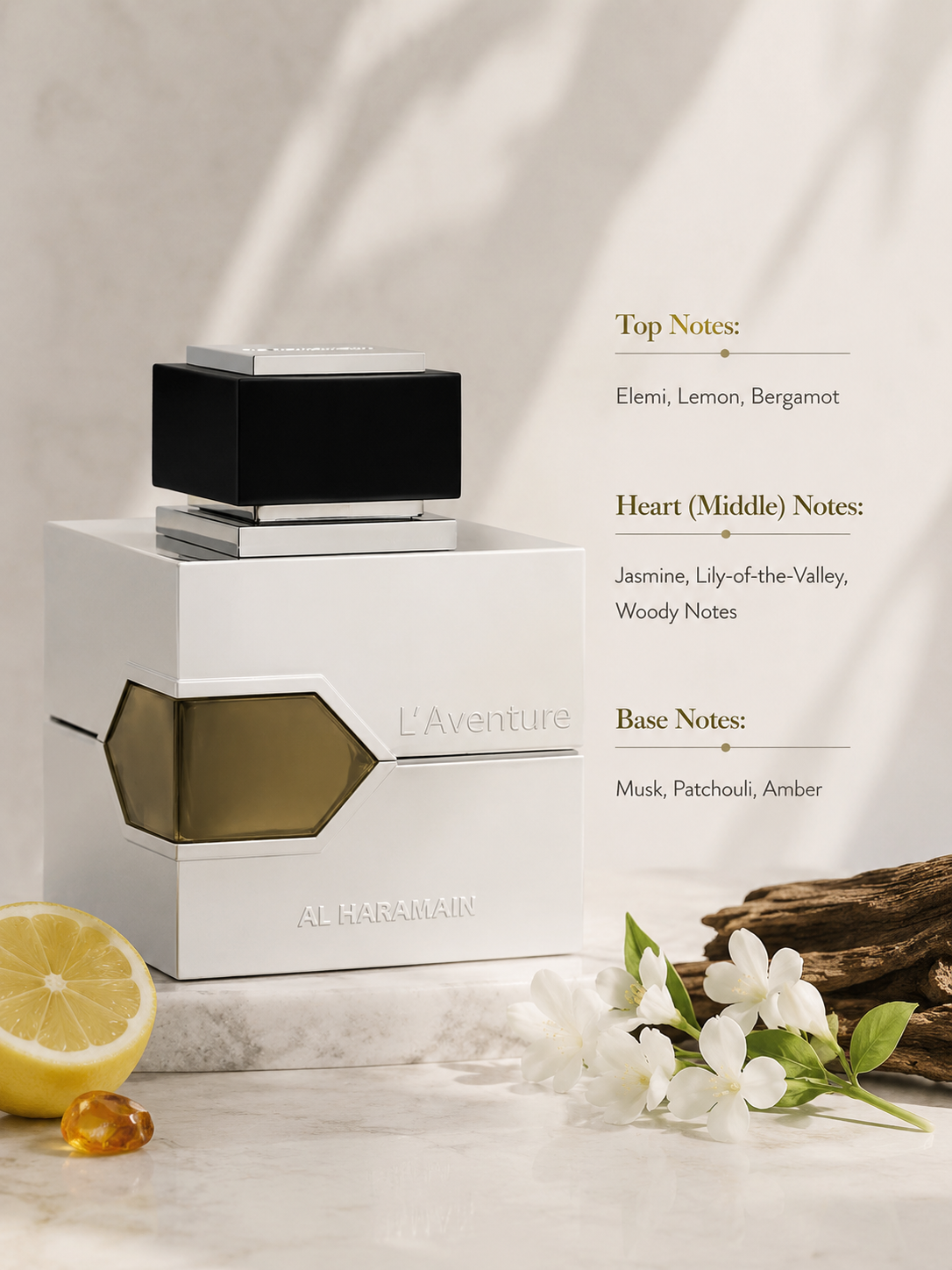 Al Haramain L'Aventure Intense fragrance bottle displayed with lemon, white blossoms, woods, and amber resin, alongside fragrance notes on a soft luxury-inspired background.