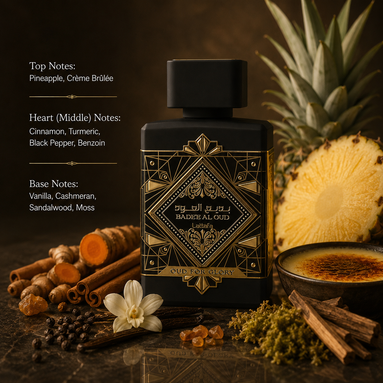 Lattafa Bade'e Al Oud Oud for Glory Eau de Parfum showcased in a luxurious fragrance composition with pineapple, crème brûlée, cinnamon, black pepper, vanilla, sandalwood, cashmeran, and moss-inspired elements. The iconic black and gold bottle is presented in an elegant warm-toned setting that highlights its rich woody, spicy, gourmand, and oriental character.