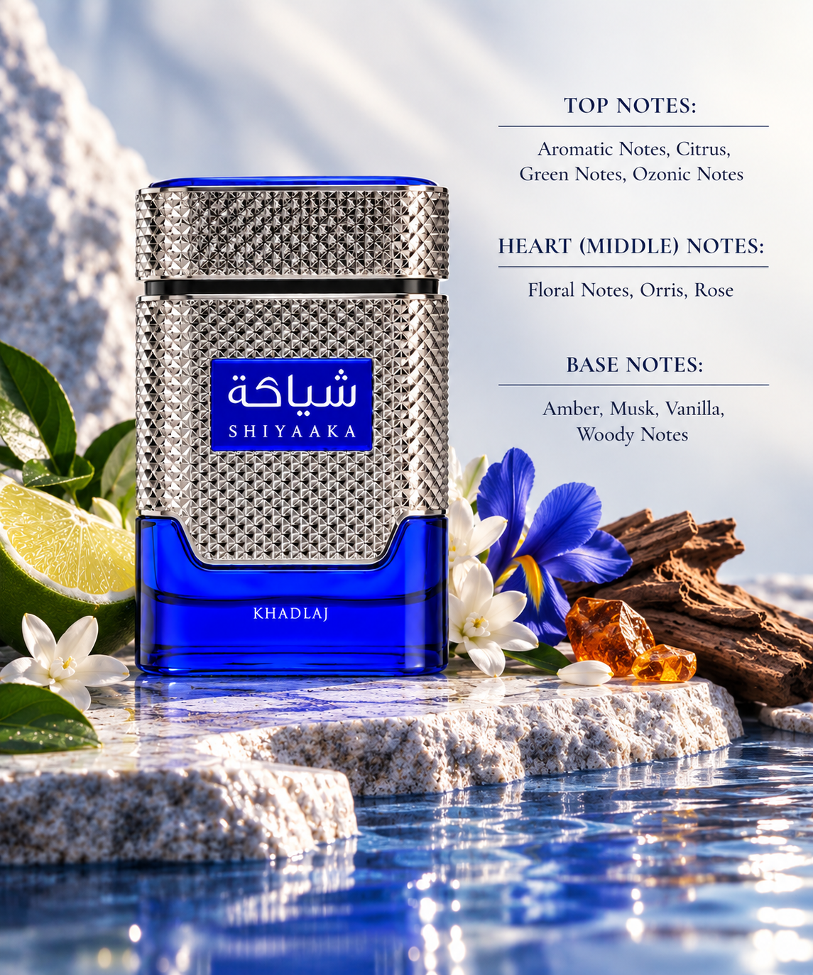 Khadlaj Shiyaaka Blue styled in a fresh aquatic setting with citrus, green and ozonic accords, complemented by floral notes, orris and rose, with amber, musk, vanilla and woody notes creating a refined aromatic and fresh character.