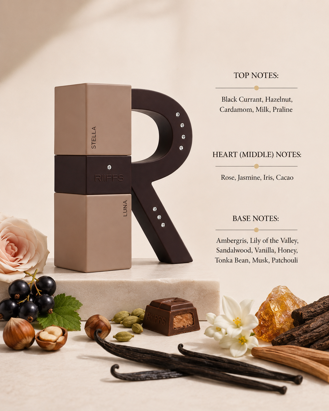 Riiffs Stella Luna Eau de Parfum arranged with blackcurrant, hazelnuts, vanilla, chocolate, flowers and woods beside fragrance notes, showcasing its sweet floral gourmand profile.