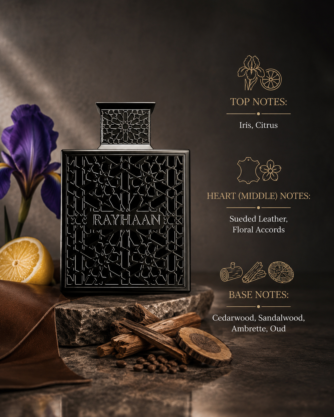 Rayhaan fragrance displayed with iris, citrus, suede leather, floral accords, cedarwood, sandalwood, ambrette, oud, and fragrance notes on a luxurious dark stone background.