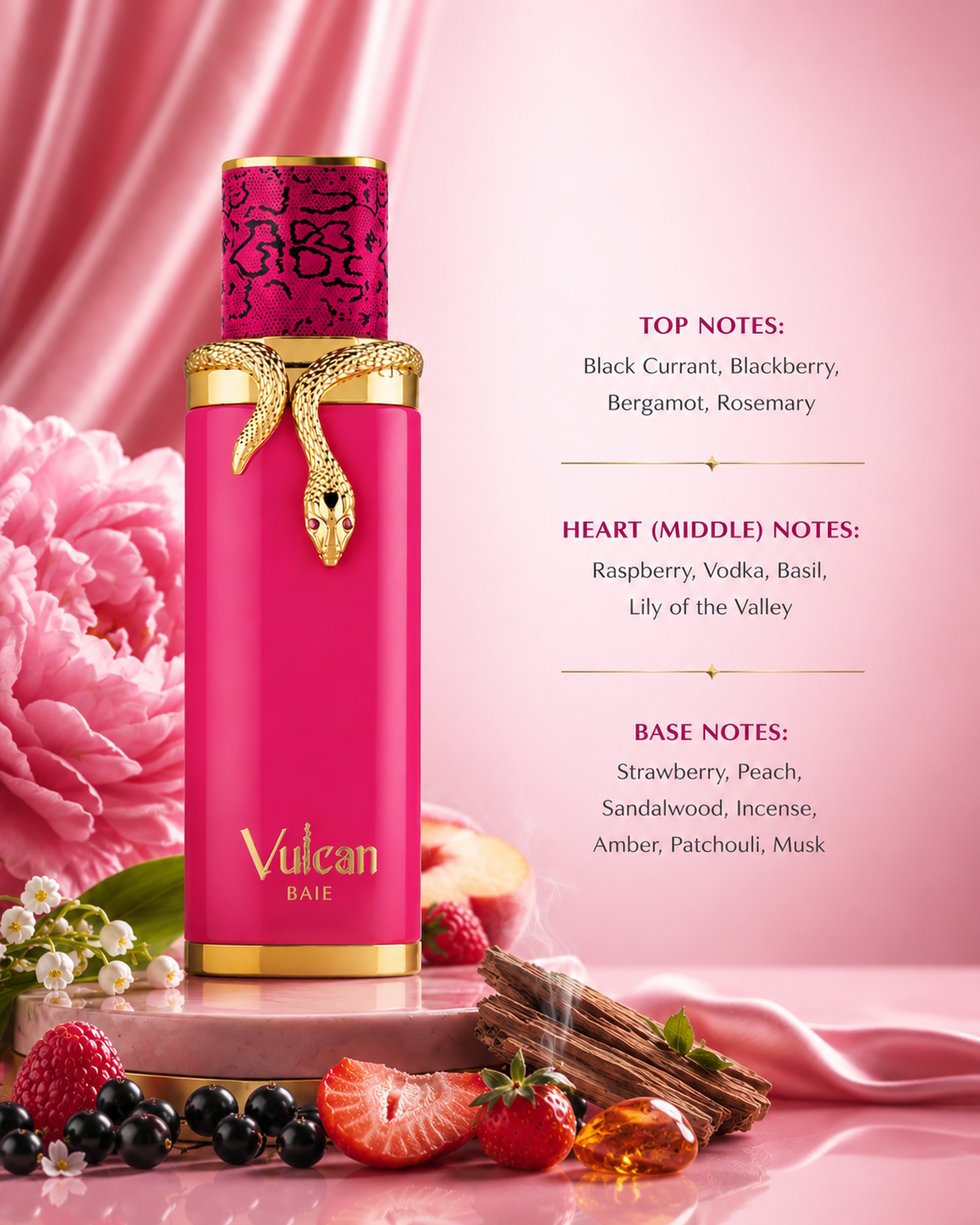Vulcan Baie Eau de Parfum with fragrance notes of black currant, blackberry, bergamot, rosemary, raspberry, vodka, basil, lily of the valley, strawberry, peach, sandalwood, incense, amber, patchouli and musk.