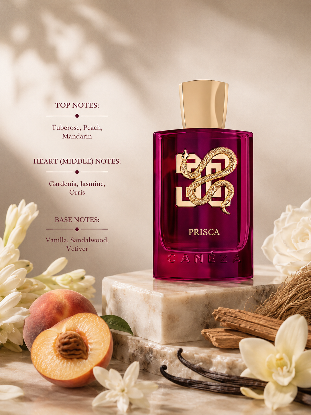 Canéza Prisca displayed with peach, mandarin, jasmine, and vanilla accents. Notes shown:
Top: Tuberose, Peach, Mandarin
Heart: Gardenia, Jasmine, Orris
Base: Vanilla, Sandalwood, Vetiver
A sophisticated floral fragrance that opens with juicy peach and mandarin wrapped in creamy tuberose, evolves into an elegant bouquet of gardenia, jasmine, and orris, and settles into a warm, velvety base of vanilla, sandalwood, and vetiver. Presented in a striking ruby-red bottle with luxurious golden details.