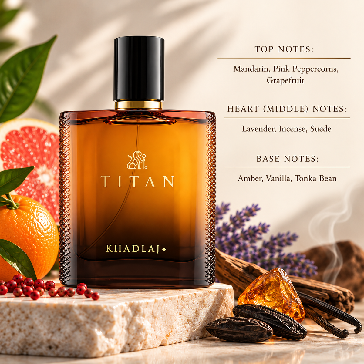 Khadlaj Titan styled in a warm, masculine setting with mandarin, pink peppercorns and grapefruit, balanced by lavender, incense and suede, while amber, vanilla and tonka bean create a rich, smooth and sensual finish.