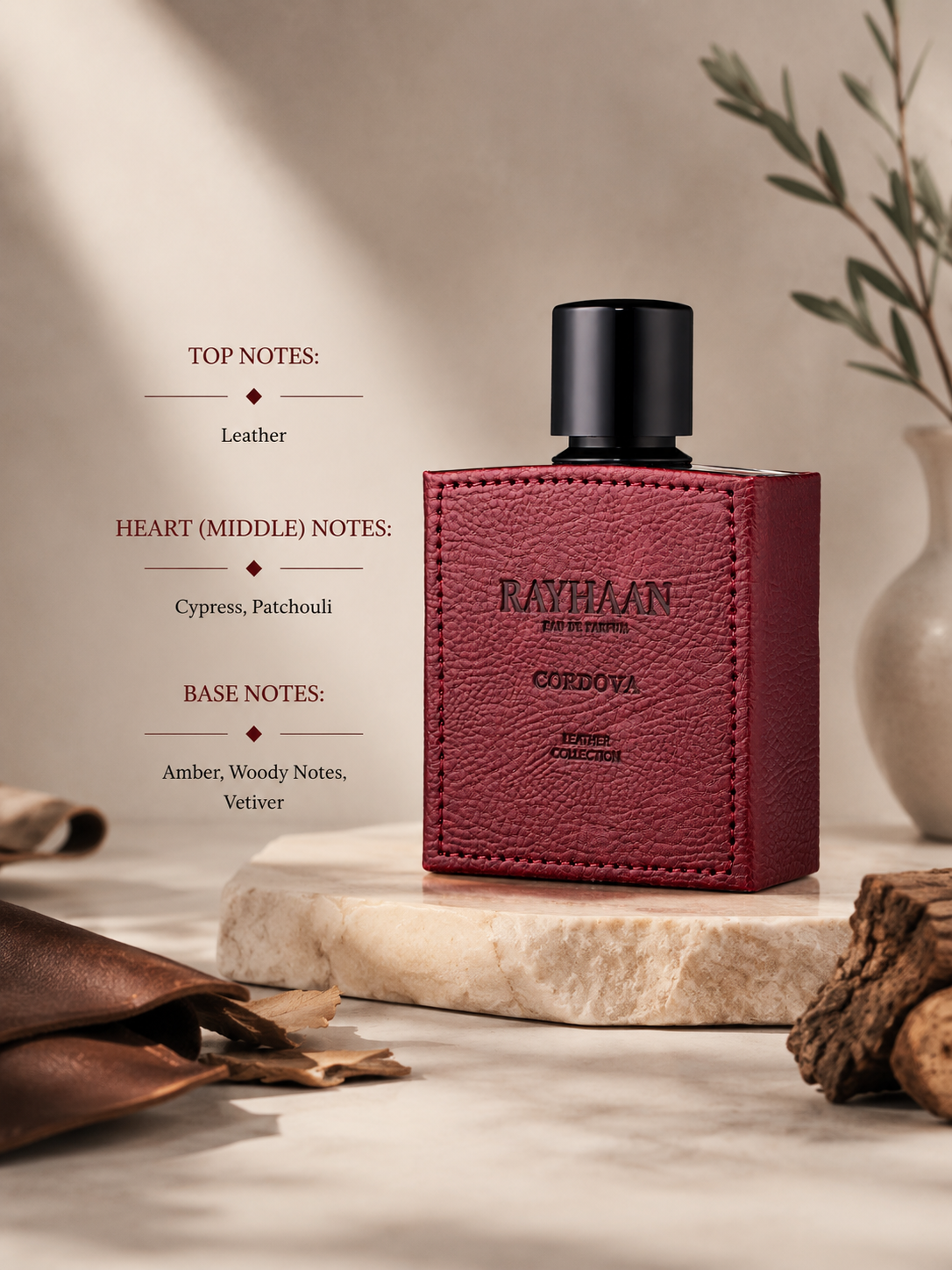 Rayhaan Cordova fragrance bottle displayed with leather, wood, and stone accents alongside fragrance notes featuring leather, cypress, patchouli, amber, woody notes, and vetiver.