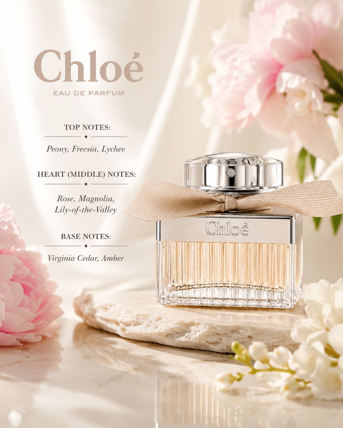 Chloé Eau de Parfum bottle with a silver cap and a beige ribbon bow, displayed on a marble surface with pink flowers and a printed notes panel on a warm cream background.
