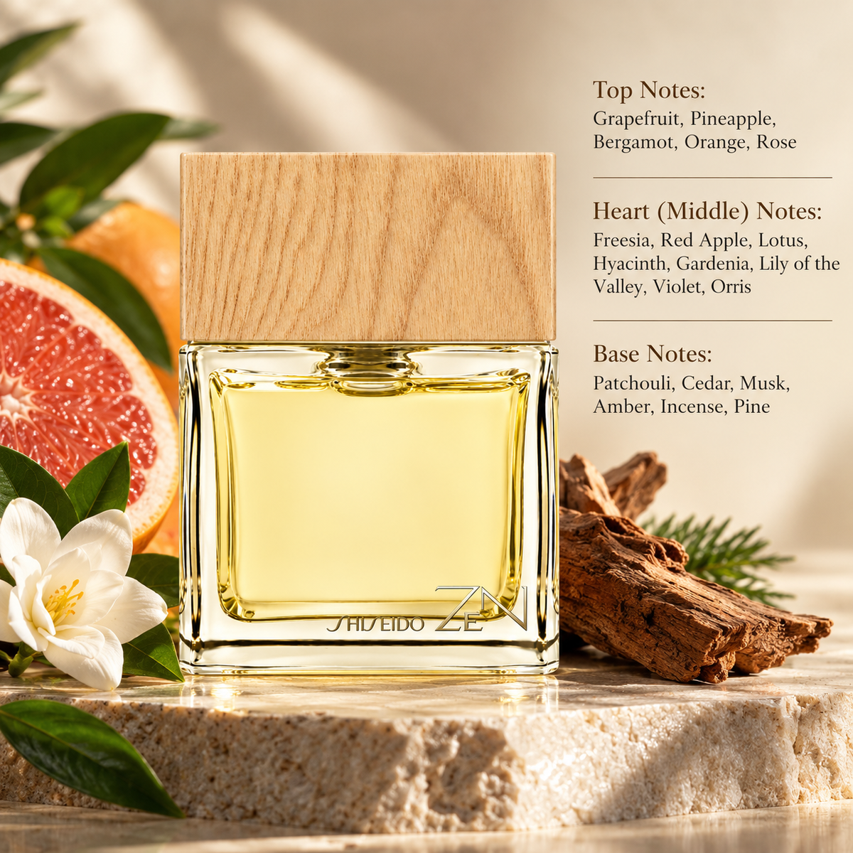 Shiseido Zen 100ml Eau de Parfum presented in a luminous, refined composition inspired by its fresh fruity, floral and woody character, surrounded by grapefruit, citrus greenery, delicate white florals and warm cedarwood elements, with soft golden natural lighting and an elegant serene setting.