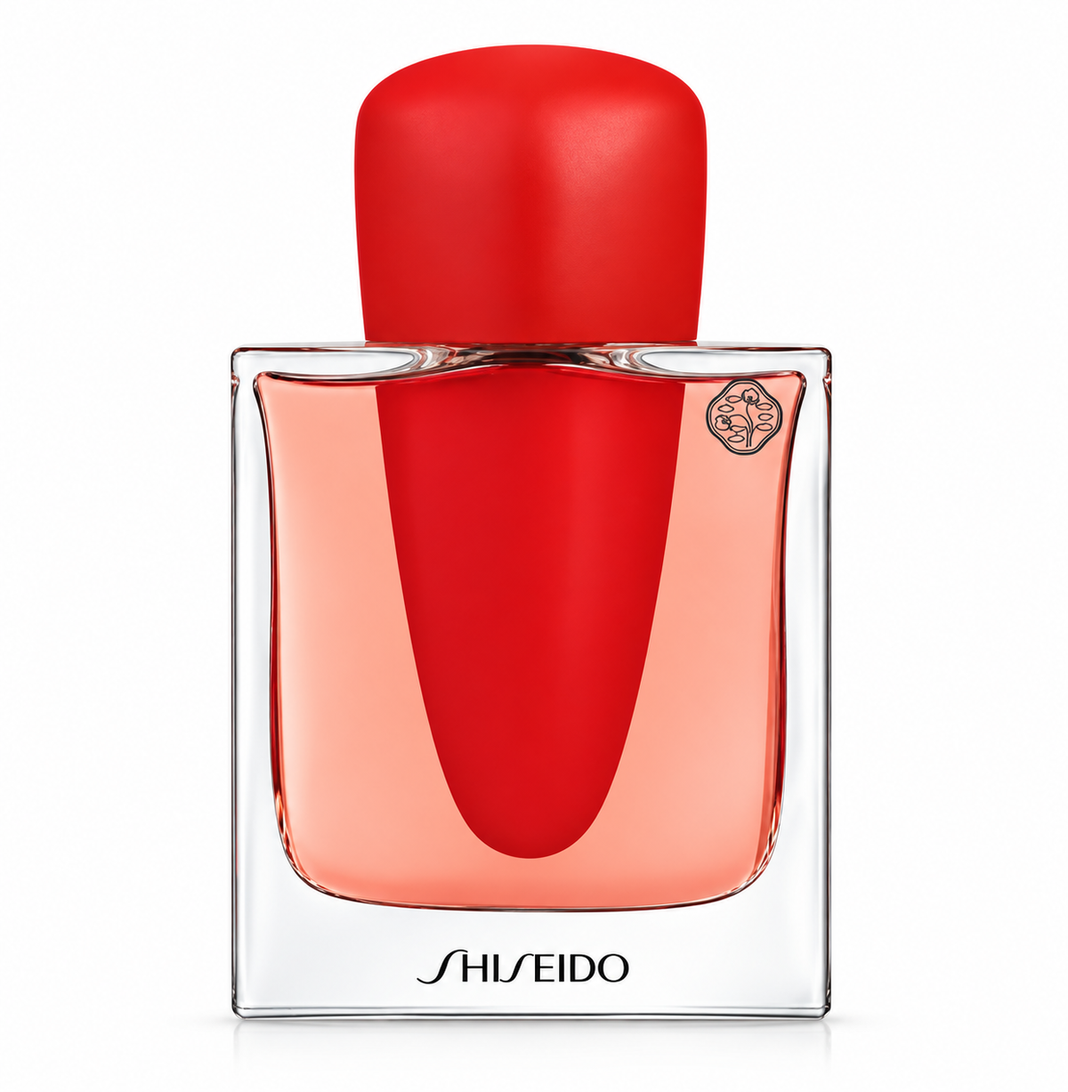 Shiseido Ginza Intense 90ml Eau de Parfum in its distinctive transparent glass bottle, featuring a warm coral-red fragrance tone, bold sculptural red inner silhouette and matching rounded red cap, photographed front-facing against a clean pure white background.