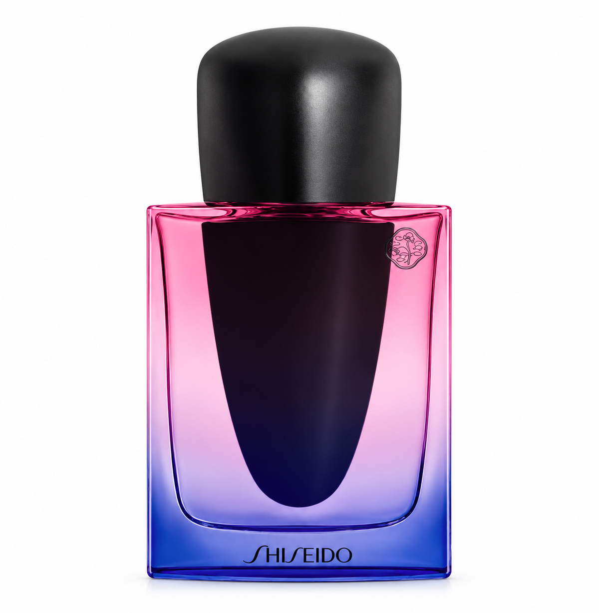 Shiseido Ginza Night Intense 30ml Eau de Parfum in its striking rectangular glass bottle with a vivid pink-to-deep-blue gradient, distinctive dark central silhouette and smooth matte black cap, photographed front-facing against a clean pure white background.