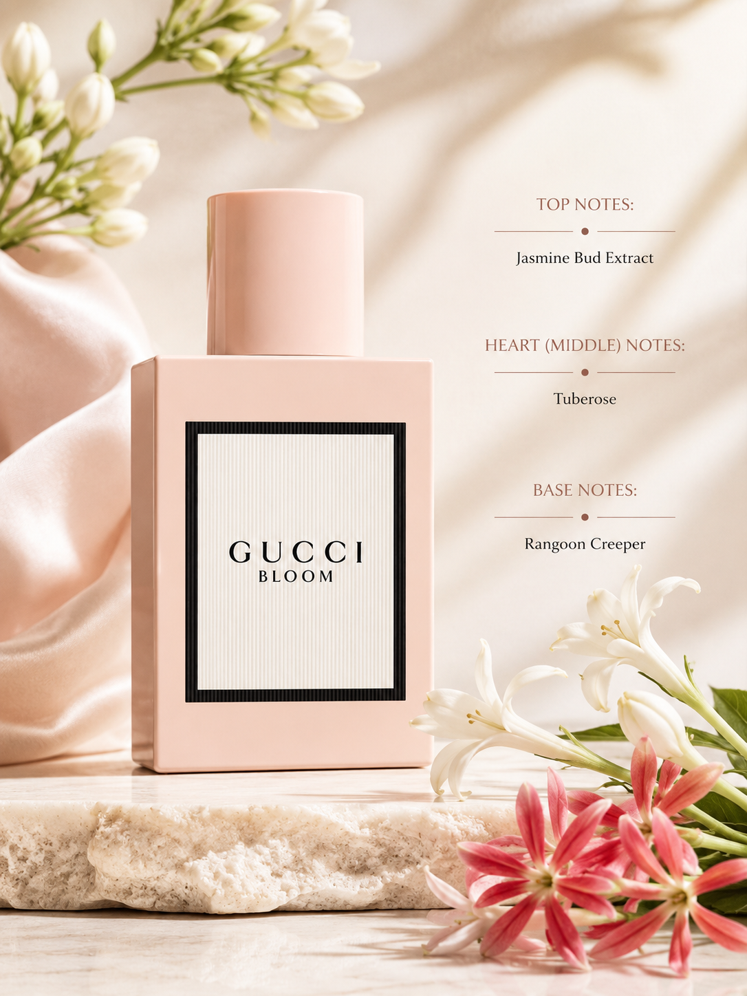 Gucci Bloom Eau de Parfum displayed with fragrance notes, surrounded by jasmine buds, white tuberose and Rangoon creeper flowers, highlighting its rich white floral composition with an elegant, feminine atmosphere.