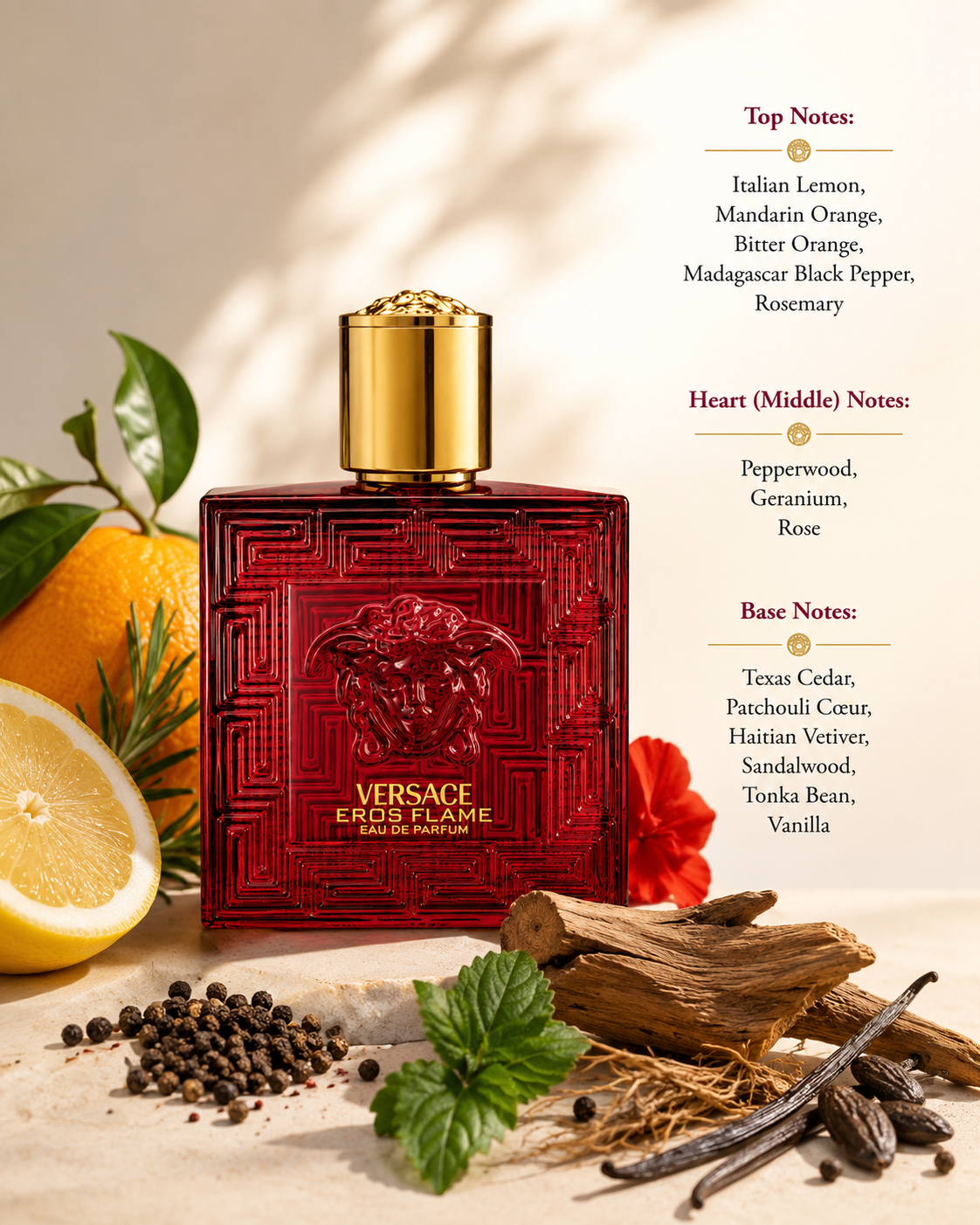 Versace Eros Flame Eau de Parfum displayed with fragrance notes, surrounded by Italian lemon, mandarin orange, bitter orange, black pepper, rosemary, geranium, rose, cedarwood, patchouli, vetiver, sandalwood, tonka bean, and vanilla, highlighting its vibrant citrus opening, spicy floral heart, and rich woody-amber base.