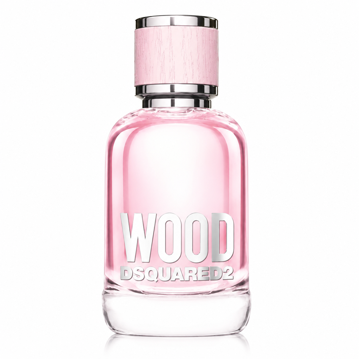 Dsquared2 Wood Pour Femme Eau de Toilette bottle isolated on a white background, featuring a transparent pink glass flacon with a light pink wood-effect cap and silver accents.
