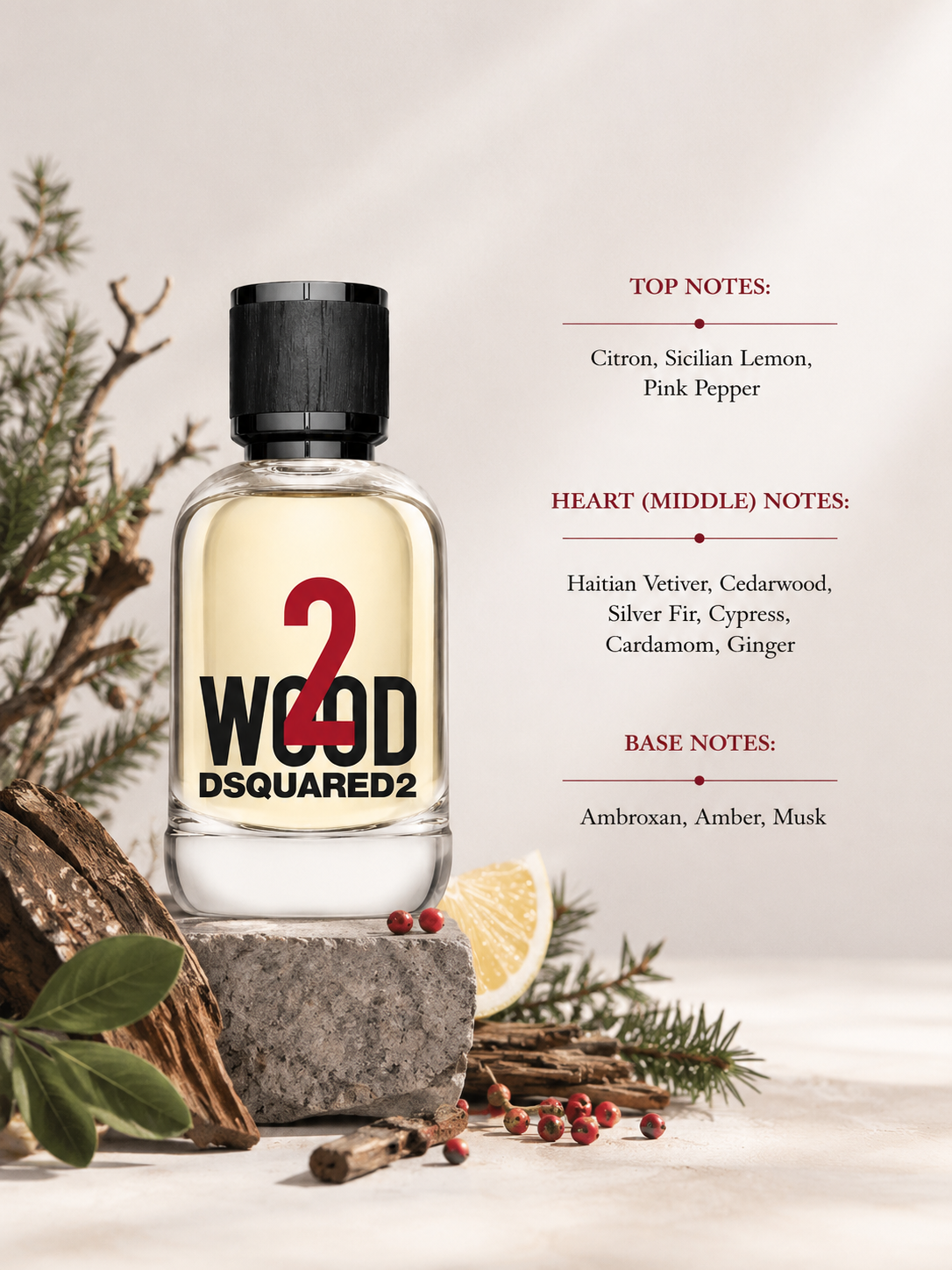 Dsquared2 2 Wood Eau de Toilette with fragrance notes, displayed beside cedarwood, citrus, pink pepper and evergreen branches, highlighting its fresh citrus, spicy and woody composition.