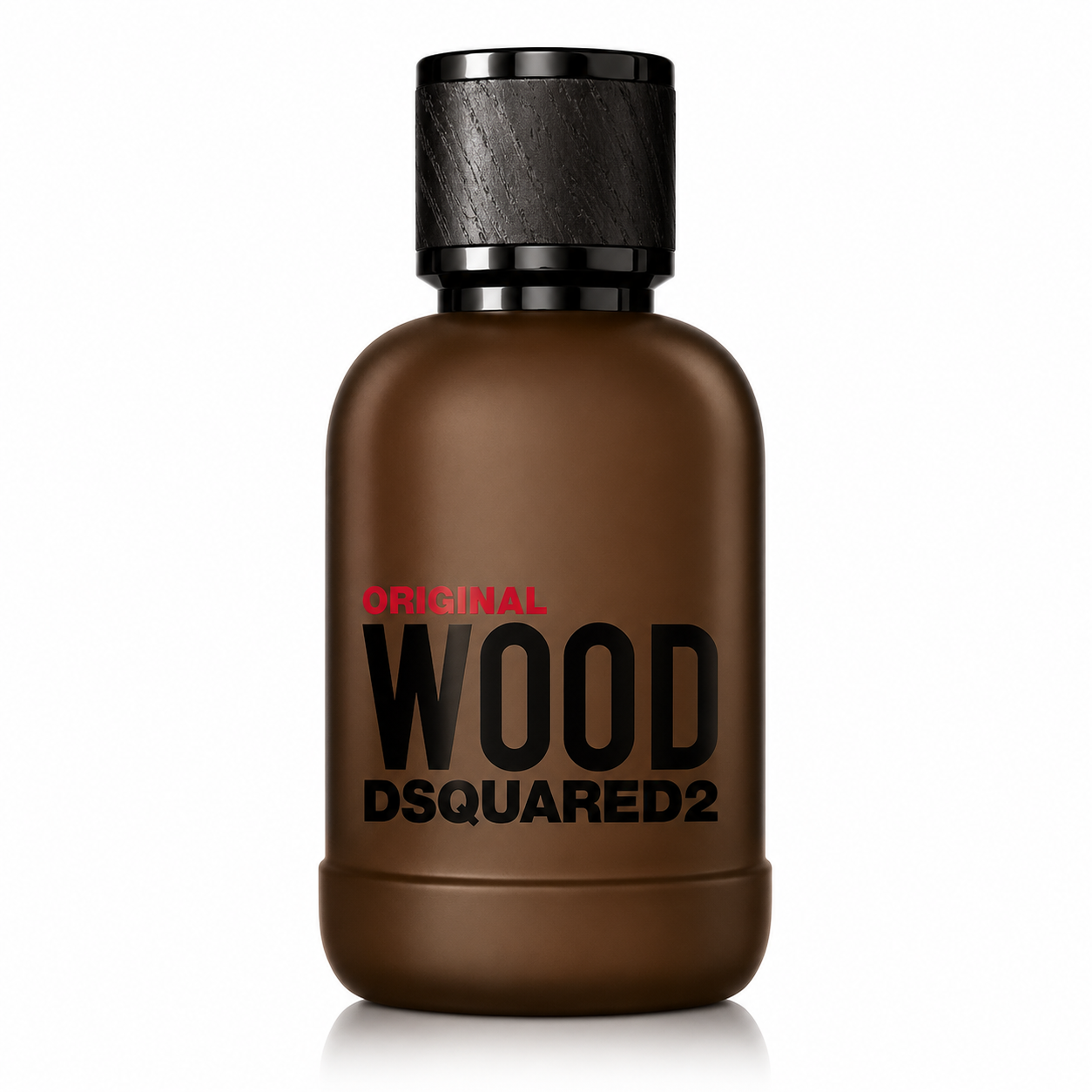 Dsquared2 Original Wood Eau de Parfum bottle isolated on a white background, featuring a matte brown flacon with a black wood-effect cap and bold black lettering.