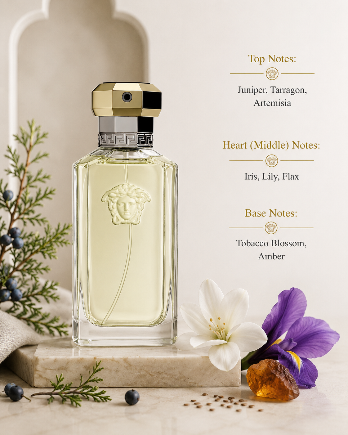 Versace The Dreamer Eau de Toilette displayed with fragrance notes, surrounded by juniper, tarragon, artemisia, iris, lily, flax blossom, tobacco blossom, and amber, highlighting its aromatic herbal opening, soft floral heart, and warm amber-tobacco base.