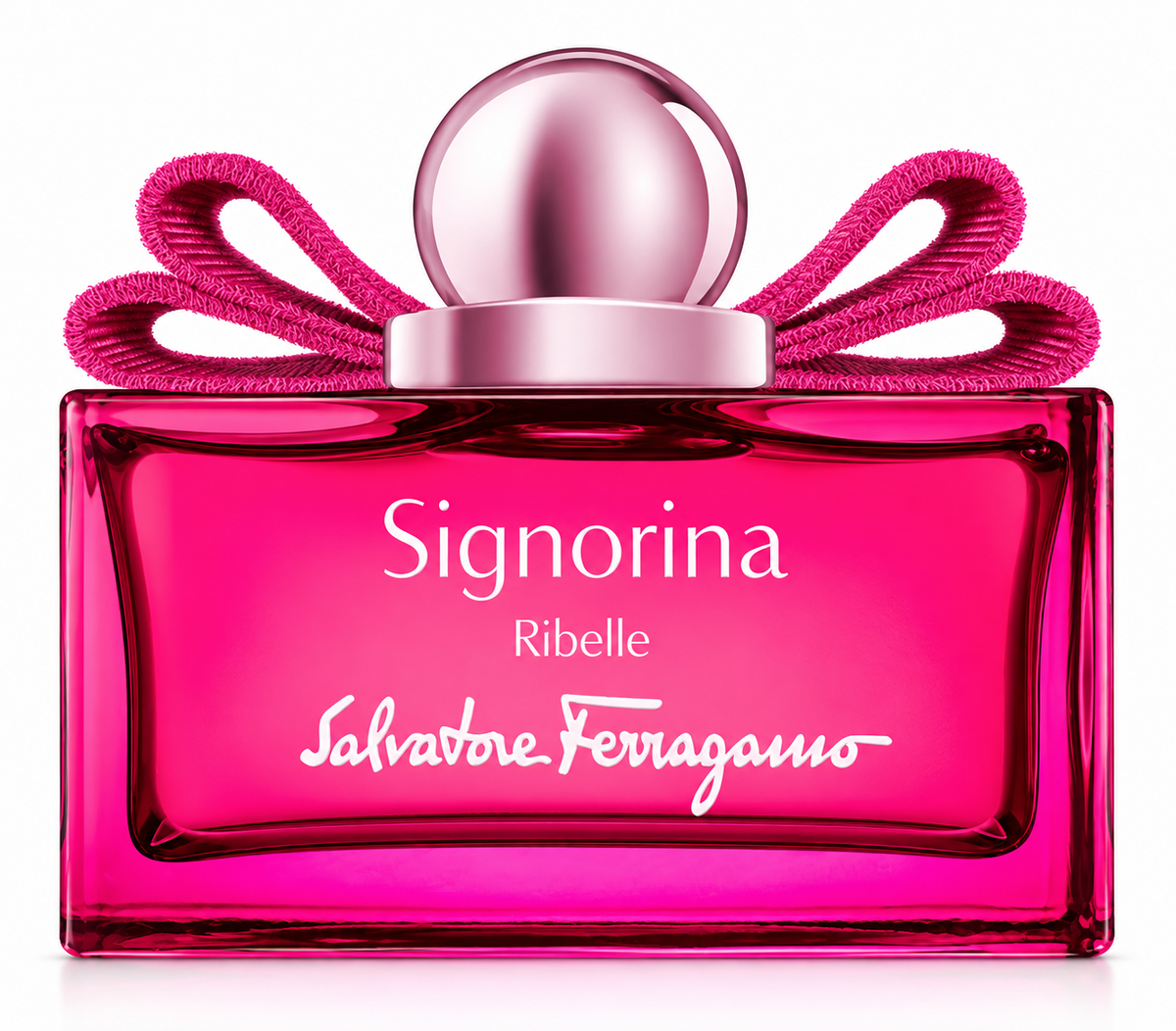 Salvatore Ferragamo Signorina Ribelle 100ml Eau de Parfum in its vibrant fuchsia-pink rectangular glass bottle, featuring the signature pink Vara-inspired bow, rounded metallic pink cap and white Signorina Ribelle and Salvatore Ferragamo branding, photographed front-facing against a clean pure white background.