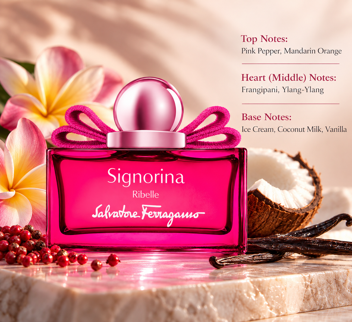 Salvatore Ferragamo Signorina Ribelle 100ml Eau de Parfum presented in a bright, feminine gourmand composition inspired by its fragrance notes, surrounded by frangipani flowers, pink peppercorns, fresh coconut and vanilla pods, with soft blush-pink lighting and an elegant warm setting that complements the vivid fuchsia bottle.
