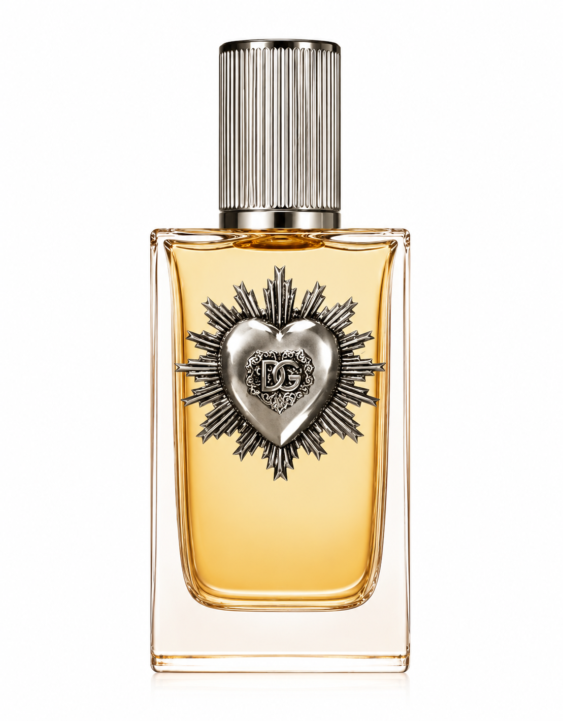 Dolce & Gabbana Devotion Eau de Parfum bottle featuring a clear rectangular glass design filled with golden fragrance, topped with a ribbed silver cap and adorned with the iconic Sacred Heart emblem.