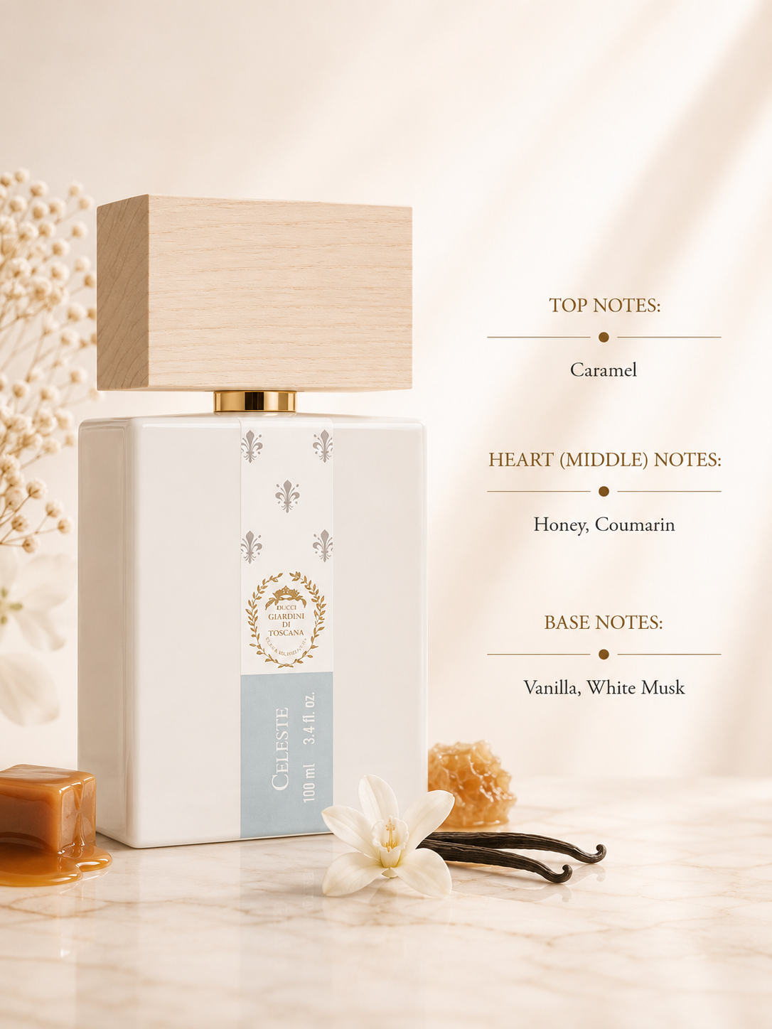 Giardini di Toscana Celeste Eau de Parfum with fragrance notes, displayed beside caramel, honeycomb, vanilla pods and white flowers, highlighting its warm gourmand composition.
