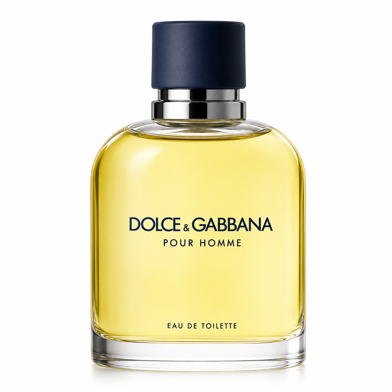 Dolce & Gabbana Pour Homme Eau de Toilette bottle with pale yellow liquid, a dark navy blue cap, and a silver collar on a white background.