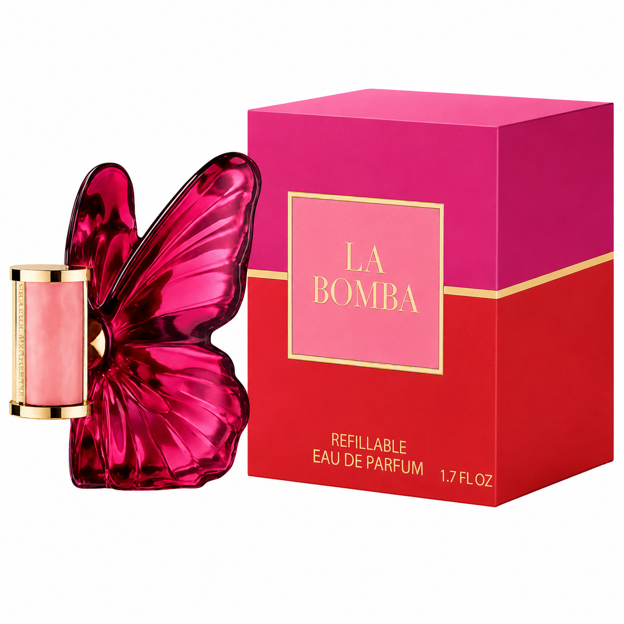 Carolina Herrera La Bomba Eau de Parfum presented with its premium box. The set features the signature butterfly-shaped bottle in vibrant fuchsia glass paired with a bold pink-and-red presentation box accented with gold details. A striking, feminine fragrance presentation with a luxurious and modern aesthetic.