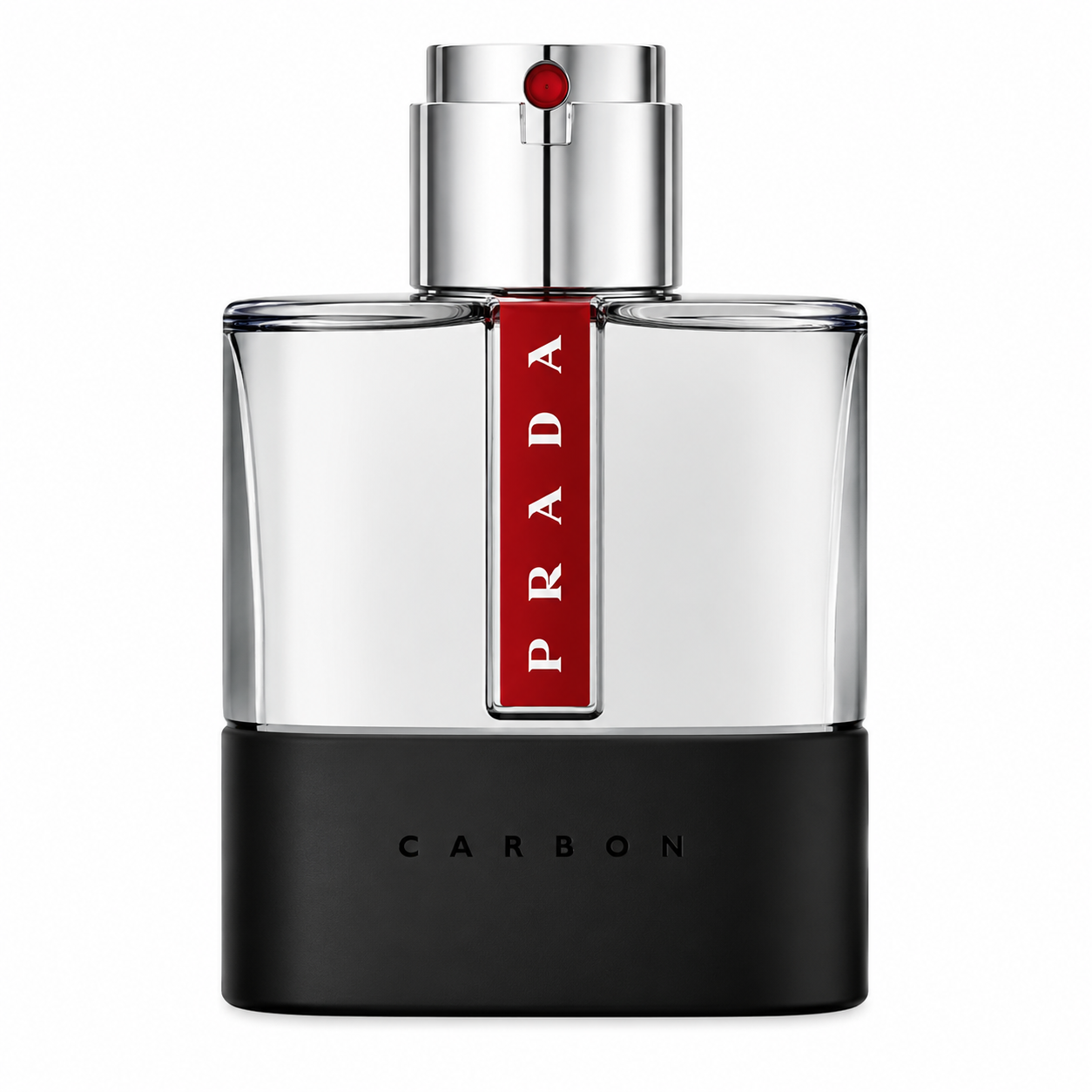 Prada Luna Rossa Carbon Eau de Toilette bottle isolated on a white background, featuring a clear rectangular glass bottle with a matte black base, polished silver atomizer, and a bold vertical red Prada stripe, creating a sleek and modern masculine design.