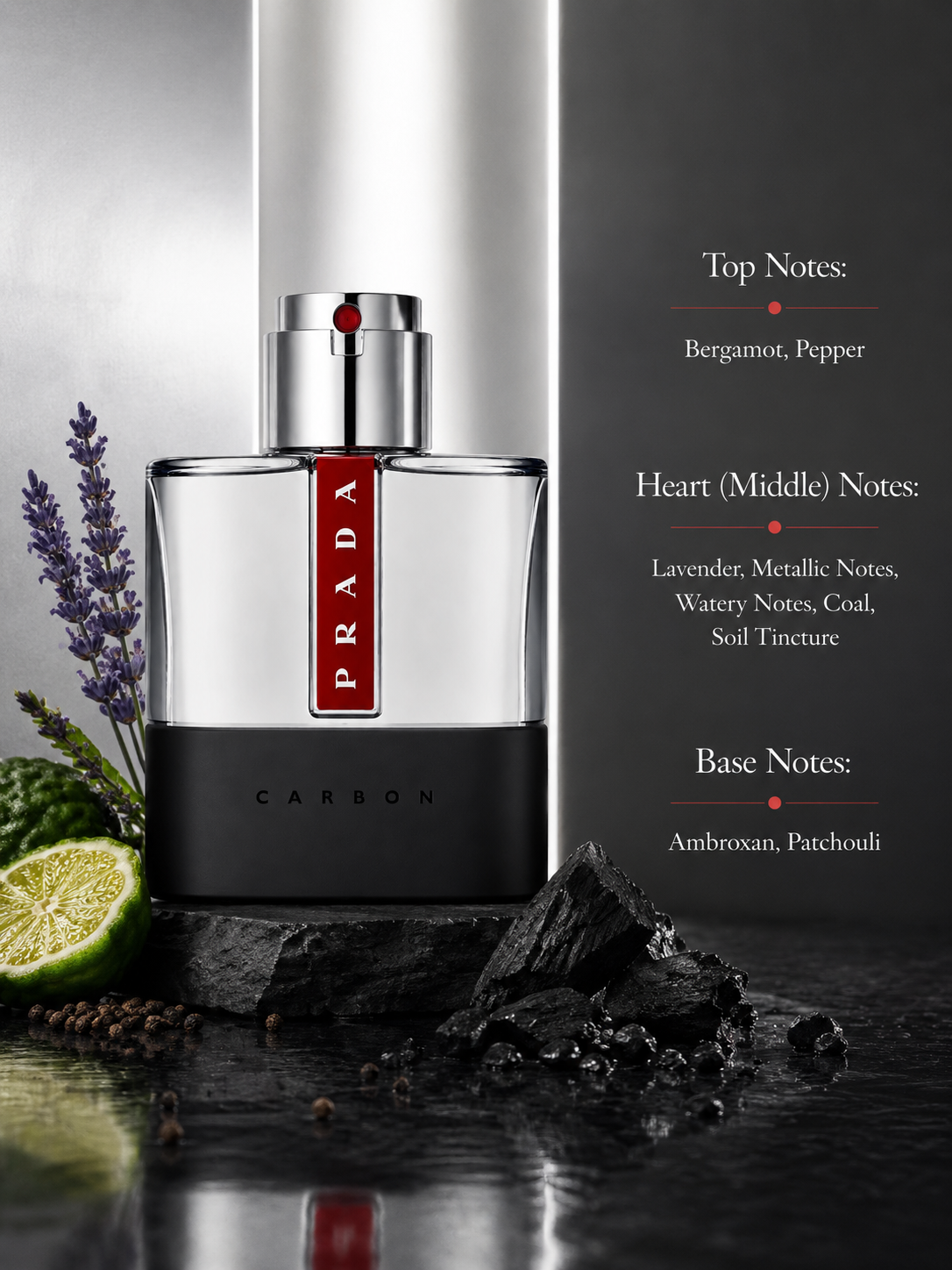Prada Luna Rossa Carbon Eau de Toilette displayed with fragrance notes, surrounded by bergamot, black pepper, lavender, charcoal, patchouli, and ambroxan-inspired elements, highlighting its fresh aromatic scent with spicy citrus, mineral accords, lavender, smoky coal nuances, and warm woody notes.