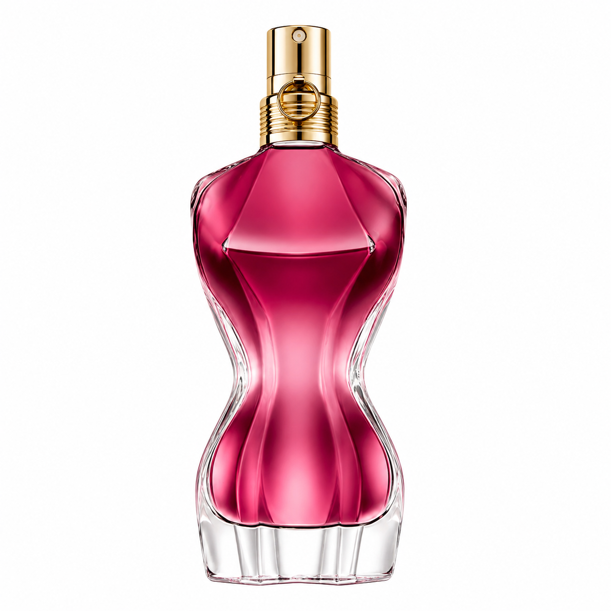 Jean Paul Gaultier La Belle Eau de Parfum perfume bottle isolated on a white background, featuring the iconic feminine silhouette bottle in deep rose-pink glass with a gold spray nozzle and elegant sculpted curves.