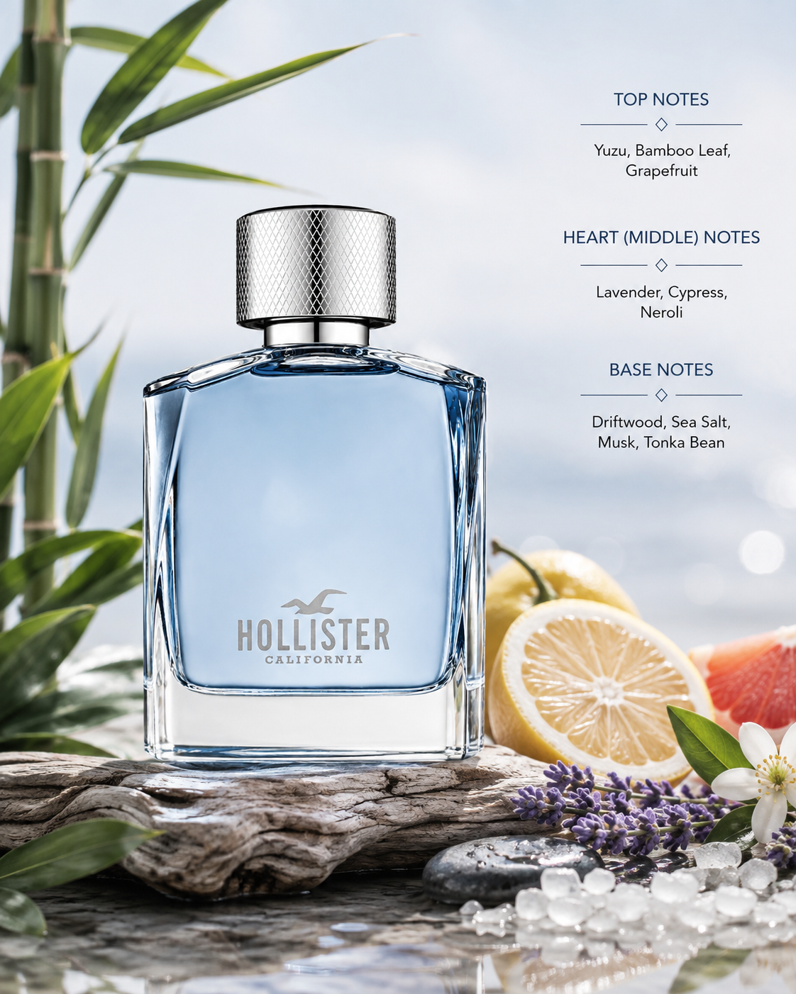 Hollister Wave for Him, exact original bottle and branding, in a fresh California coastal setting. Surround the bottle naturally with yuzu and grapefruit, green bamboo leaves, lavender, cypress, neroli blossoms, weathered driftwood, sea salt crystals and subtle tonka bean elements. Bright ocean-inspired background, cool blue and fresh green palette, natural sunlight, clean masculine premium fragrance advertising photography.