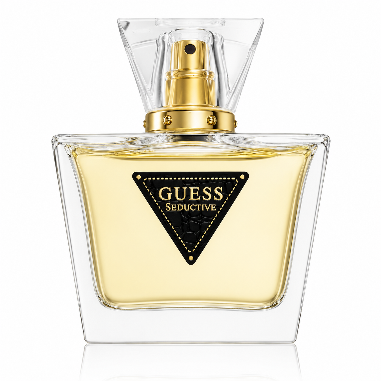Guess Seductive Eau de Toilette for Women perfume bottle isolated on a white background, featuring a clear faceted glass bottle with golden fragrance, a transparent geometric cap, gold accents, and the signature black Guess triangle logo.