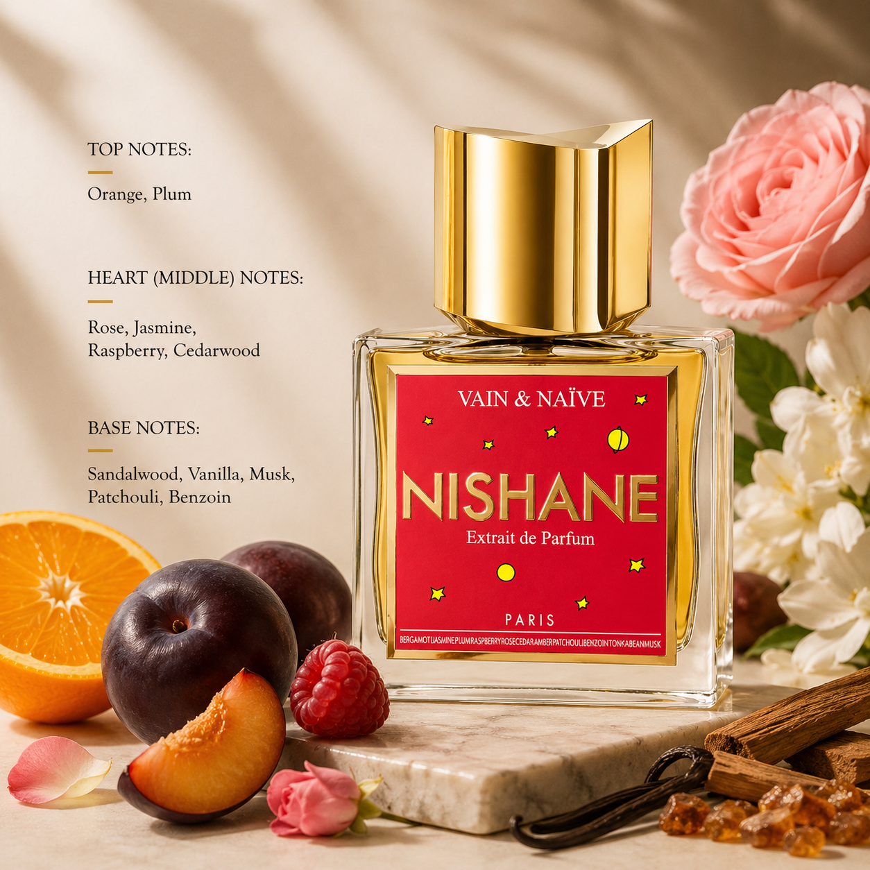 Nishane Vain & Naïve Extrait de Parfum with plum, orange, rose, raspberry, vanilla and patchouli fragrance notes.