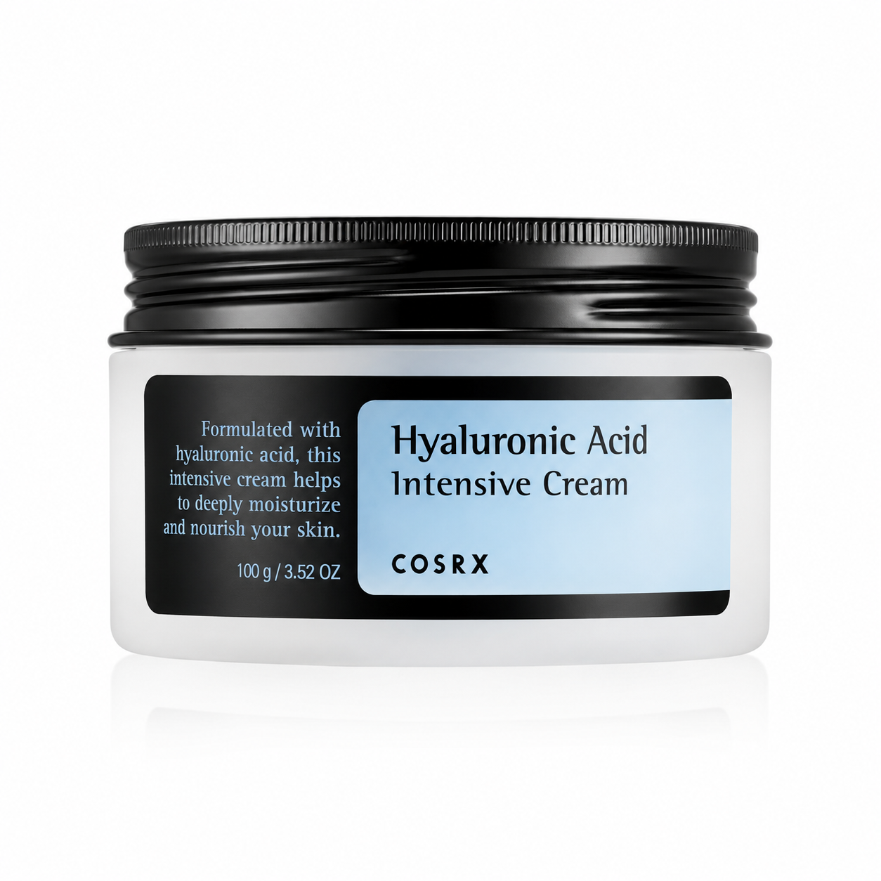 COSRX Hyaluronic Acid Intensive Cream (100 g / 3.52 oz) in a frosted white jar with a black screw-top lid and blue-accent label, displayed on a clean white background. This deeply moisturizing facial cream is formulated with hyaluronic acid to deliver long-lasting hydration, strengthen the skin's moisture barrier, improve softness and elasticity, and leave dry or dehydrated skin feeling smooth, plump, and refreshed without a greasy finish.