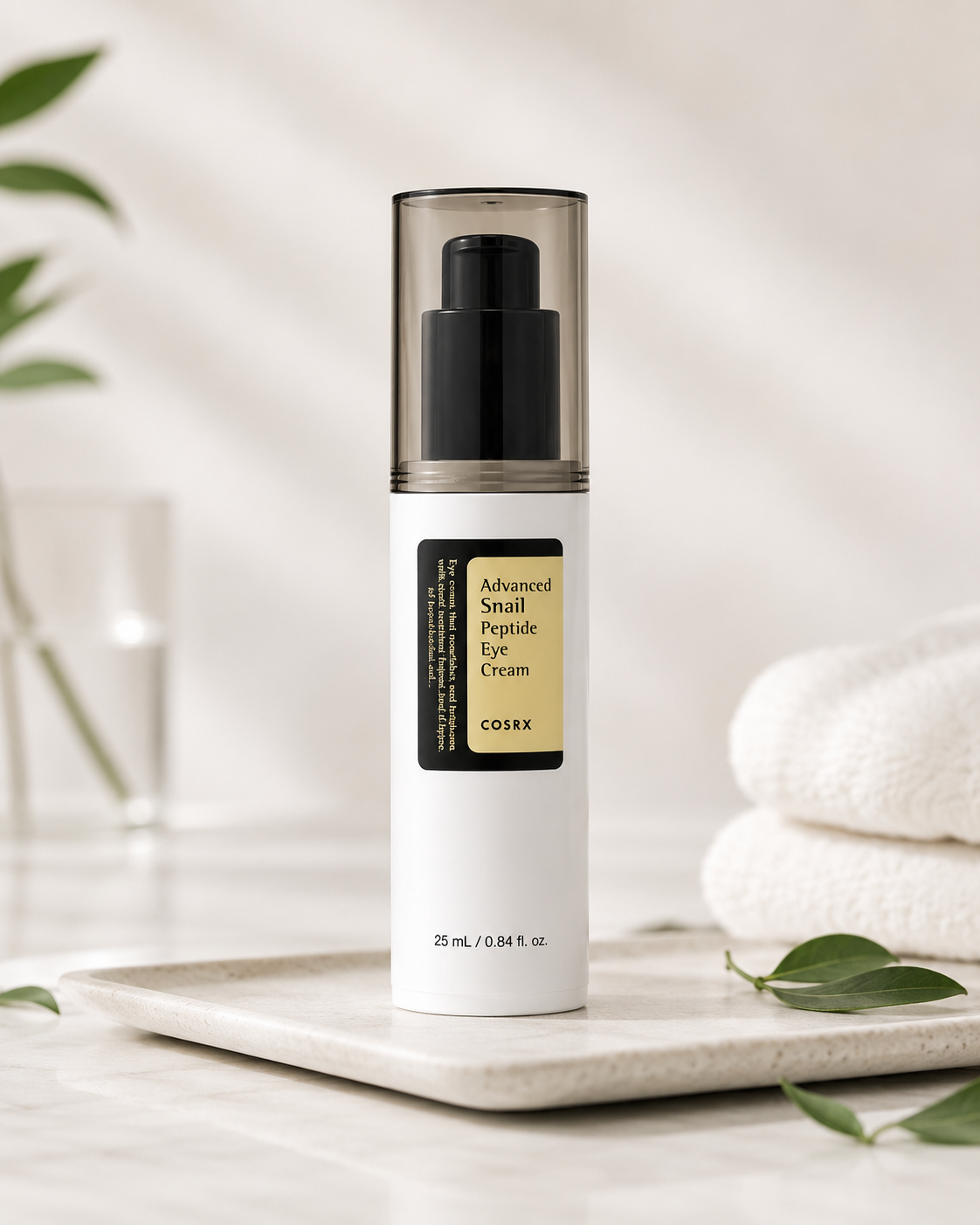 COSRX Advanced Snail Peptide Eye Cream 25ml displayed on a marble tray with towels and greenery for hydrating and firming the eye area
