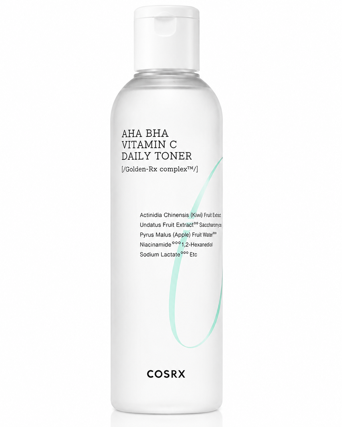 COSRX Refresh AHA BHA Vitamin C Daily Toner (150 ml) in a frosted white bottle with a flip-top cap, displayed on a clean white background. Formulated with AHA, BHA, Vitamin C, niacinamide, and the Golden-RX Complex, this daily facial toner gently exfoliates dead skin cells, refines pores, brightens uneven skin tone, improves skin texture, and helps maintain hydrated, smooth, and radiant-looking skin while preparing it for the next skincare steps.