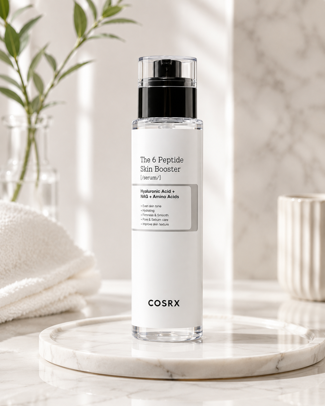 COSRX The 6 Peptide Skin Booster Serum on marble tray with towel and greenery for hydrating and skin barrier care