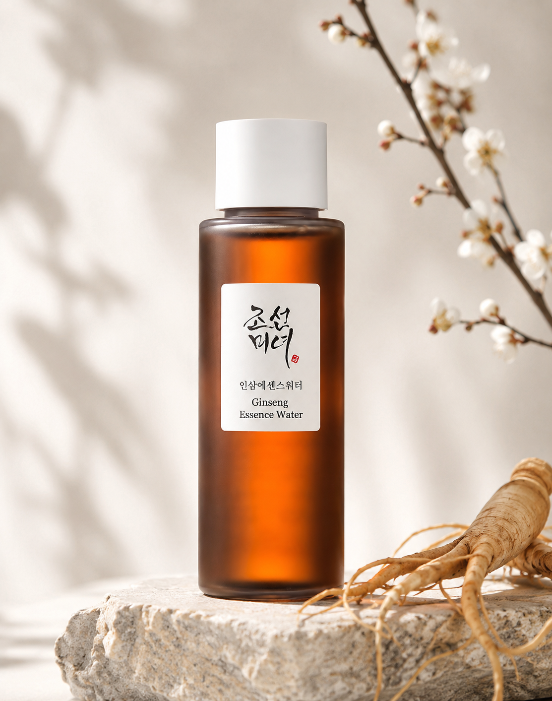 Beauty of Joseon Ginseng Essence Water 150ml on a stone surface with a branch and root in the background