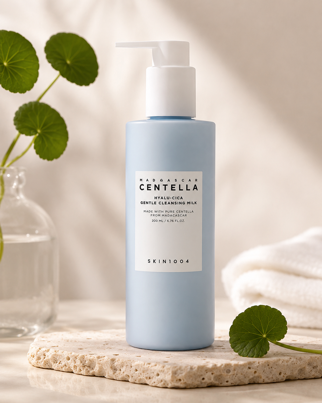 SKIN1004 Madagascar Centella Hyalu-Cica Gentle Cleansing Milk 200ml on a neutral background with decorative elements
