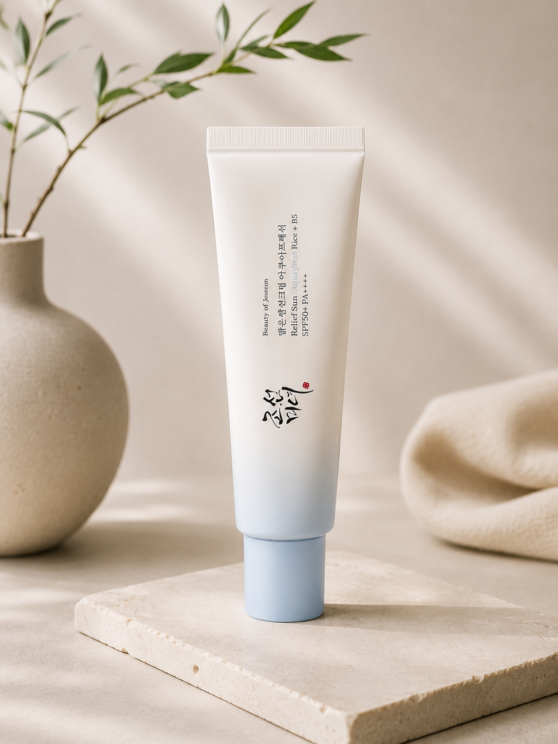 White and light blue sunscreen tube with Korean calligraphy, by Beauty of Joseon, on stone slab with green branch and beige cloth in soft natural light.
