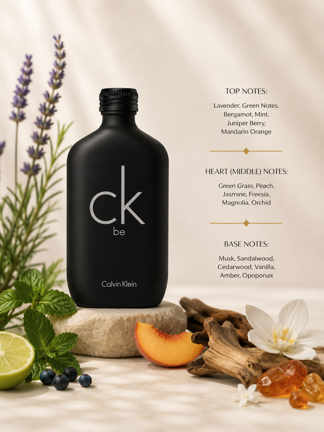 Calvin Klein ck be perfume bottle in matte black, styled with botanicals and citrus on a light marble surface with a notes list printed on the right.