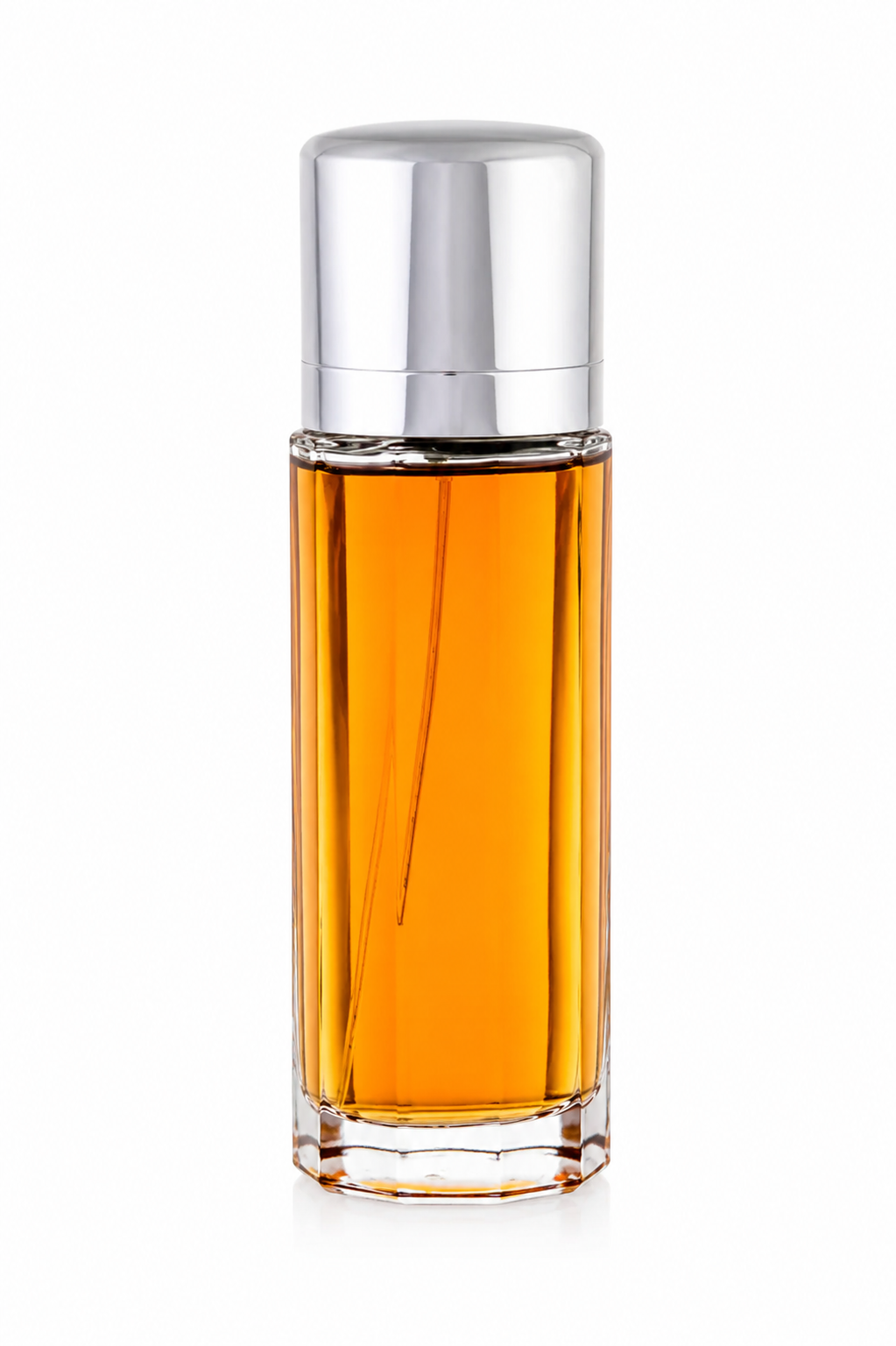 A clear glass perfume bottle filled with amber-colored liquid, topped with a reflective silver cap, isolated on a white background.
