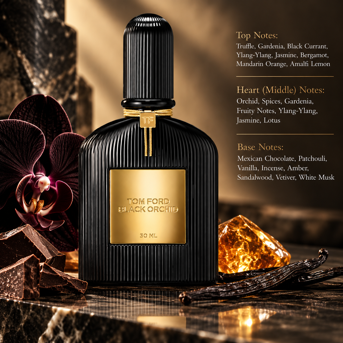 Tom Ford Black Orchid in a luxurious dark floral composition reflecting its rich and sensual character, featuring black orchid, truffle and dark chocolate, complemented by warm amber and smooth vanilla accents in an elegant black-and-gold setting.