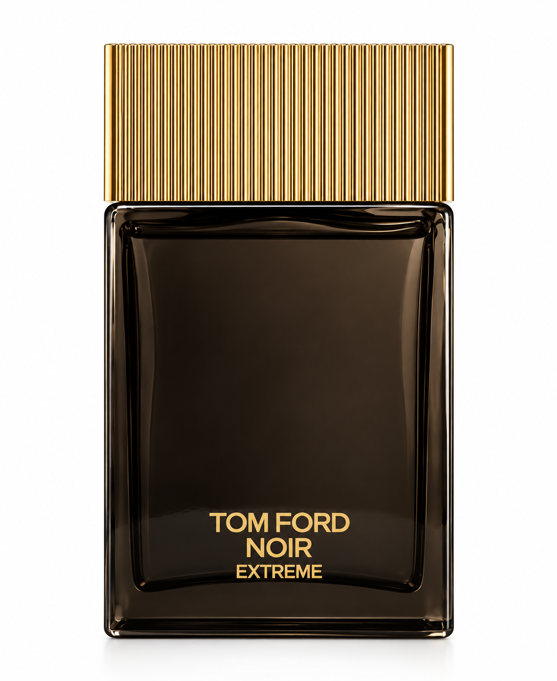 Tom Ford Noir Extreme Eau de Parfum in its dark amber-brown glass bottle with a distinctive ribbed gold cap and gold branding, photographed against a clean white background.