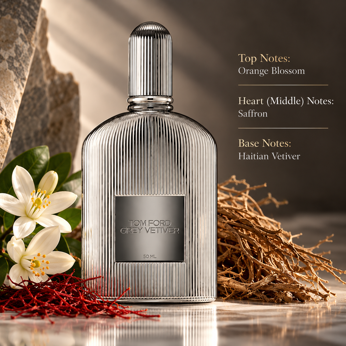 Tom Ford Grey Vetiver Parfum presented in a refined, luminous setting inspired by its minimalist aromatic profile, featuring delicate orange blossom, rich saffron and earthy Haitian vetiver.