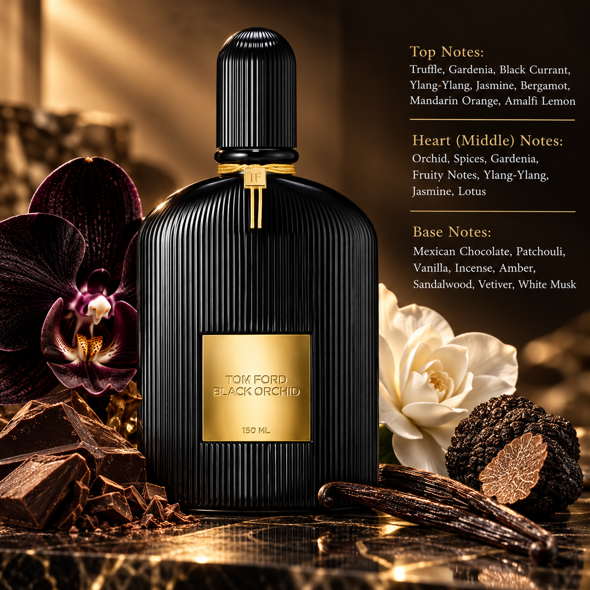 Tom Ford Black Orchid 150ml in a rich, opulent composition inspired by its dark floral and oriental character, featuring black orchid, truffle and dark chocolate, complemented by creamy vanilla and warm amber accents in a sophisticated black-and-gold setting.